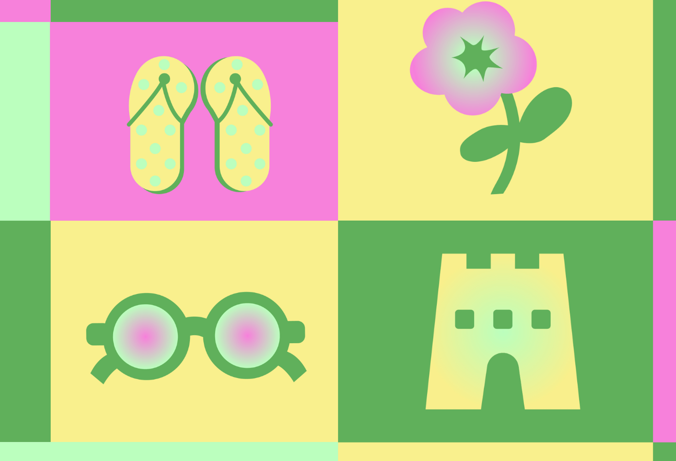 Illustration of holiday symbols: flip-flops, sunglasses, castle and flower 