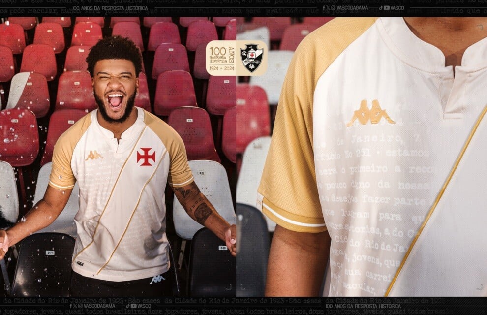 Soccer player wearing Vasco da Gama jersey, with historical text revealed 