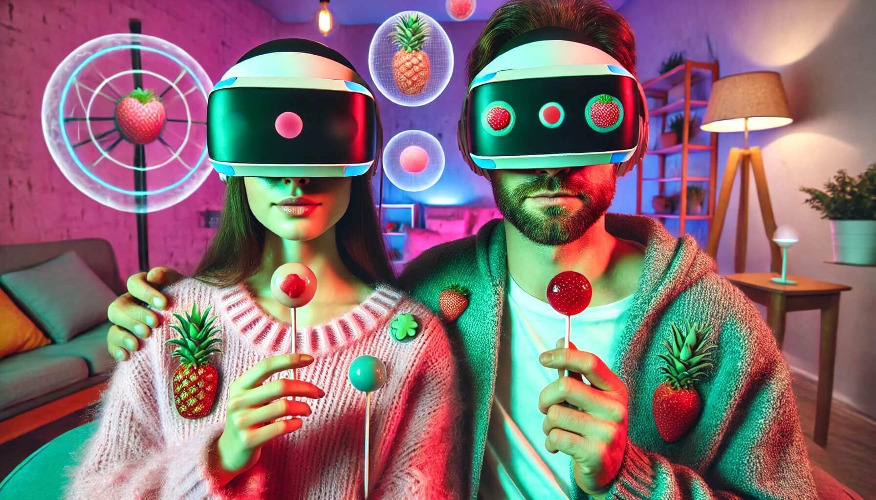 Two adults wearing VR headsets and holding lollipops, surrounded by projections of pineapples and strawberries 