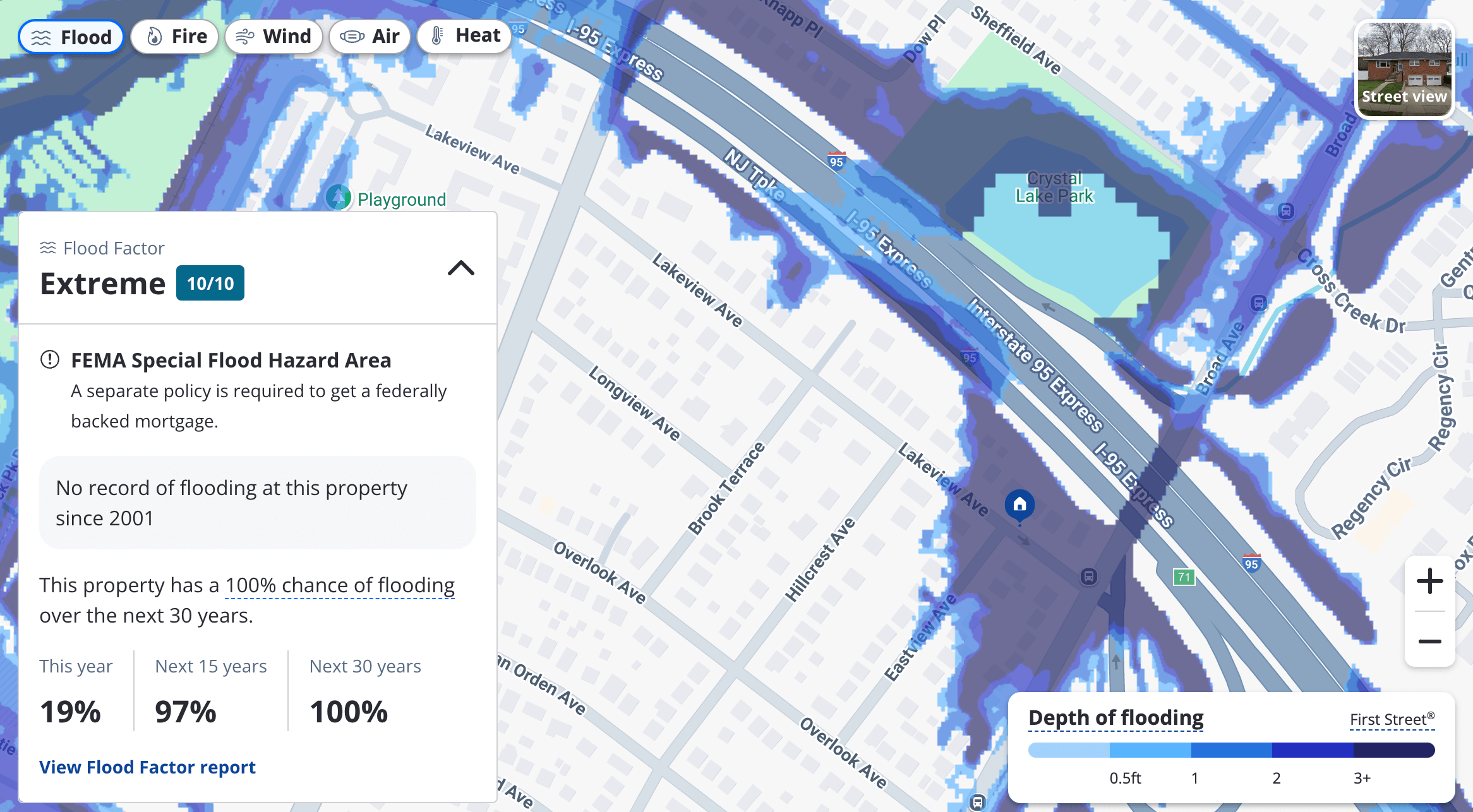 Map of a neighborhood in Englewood, NJ showing flooding risks 